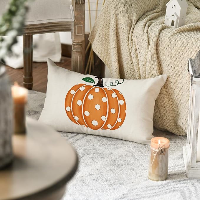 AVOIN colorlife Fall Polka Dots Pumpkin Throw Pillow Cover 12x20 Inch, Seasonal Autumn Thanksgiving Harvest Decoration for Home Sofa Couch