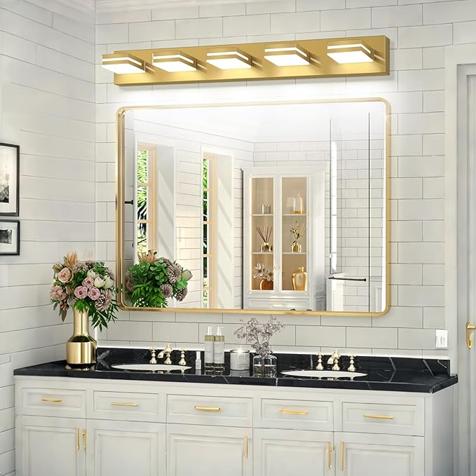SineRise LED Modern Bathroom Vanity Light Fixtures (5-Light, 40-Inch), Brass Modern Acrylic Bathroom Wall Lighting Fixtures Over Mirror (Cool White 6000K)