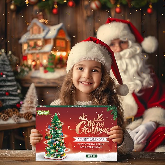 Advent Calendar 2025 Adult Teen Boy Girls Kids Christmas Tree Building Set Toys with Led light, Holiday 24 Days Christmas Countdown Calendars Xmas Tree, Fun Cute Gifts (1083 PCS)