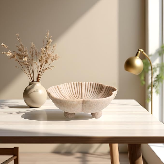 Large Decorative Bowl decor, Scalloped Pedestal Bowls for Modern Home Decor,Ruffle Decor,Stylish Key Bowl for Entry Table,Decorative Fruit Bowl for Kitchen Counter, Artificial Stone Beige