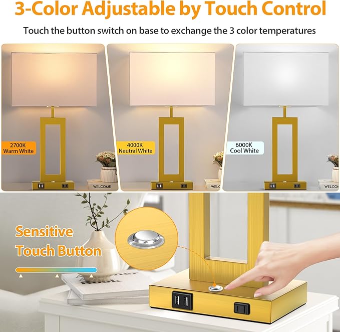 3 Way Dimmable Table Lamps for Bedrooms Set of 2, 27.2ββ Super Tall Modern Gold Lamps for Living Room Nightstand End Tables, Button Touch Control Bedside Lamps with 2 USB Ports, E26 Bulbs Included