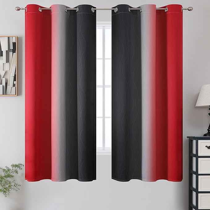 Estelar Textiler Ombre Red and Black Curtains 63 Inch Length 2 Panels, 100% Blackout Curtains for Living Room, Grommet Thermal Insulated Drapes, Full Light Blocking Curtains for Bedroom, 42x63 Inch
