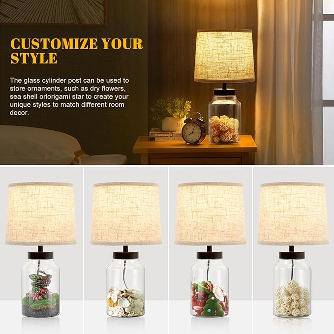 GyroVu Table Lamp Set, Fillable Table Lamp with Clear Glass Nightstand Lamp Set of 2 Beside Lamp for Living Room Bedrooms Office Bulbs Included(Oat Lampshade)