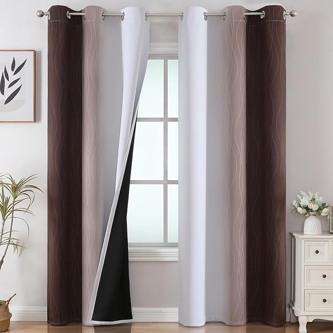 Estelar Textiler Brown and Greyish White Ombre Blackout Curtains for Bedroom, Thermal Insulated Gradient Blackout Drapes, Full Room Darkening Energy Saving Curtains for Living Room, 42Wx84L, 2 Panels