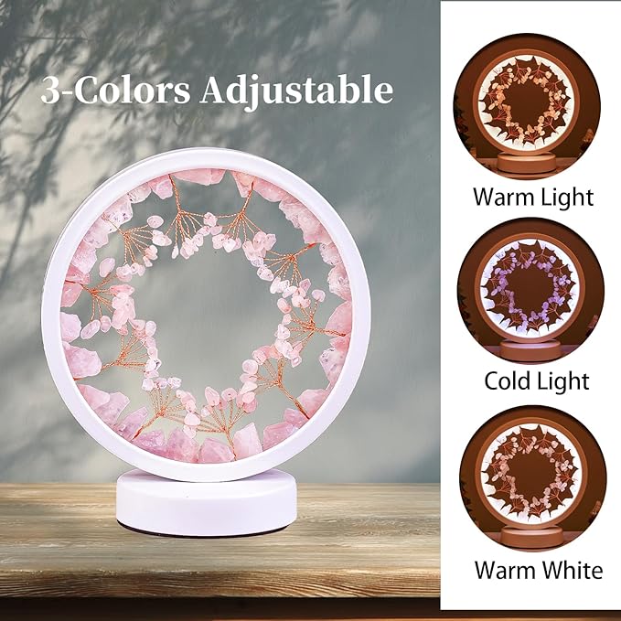 Runyangshi Crystal Night Lamp Natural Rose Quartz Crystals Small Tree Bedside Ambient Lamp USB Port 3 Colours Adjustable Lamp Suitable Night Light for Living Room Bedroom Office Home Decor Gift