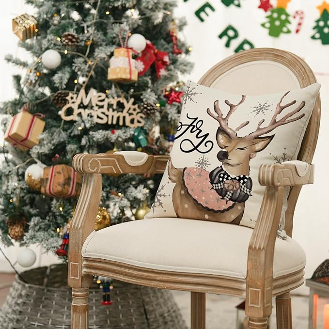 AVOIN colorlife Pink Christmas Snowman Reindeer Gloves Eucalyptus Throw Pillow Covers, 20 x 20 Inch Winter Holiday Stripes Cushion Case Decoration for Sofa Couch Set of 4