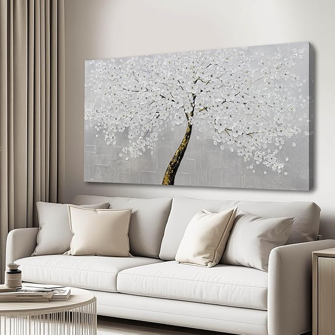 VAYIMDH White Flowers Wall Art Canvas Painting Black with Gold Tree Prints for Bedroom Contemporary Wall Decor for Living Room 24"x 48" Ready to Hang