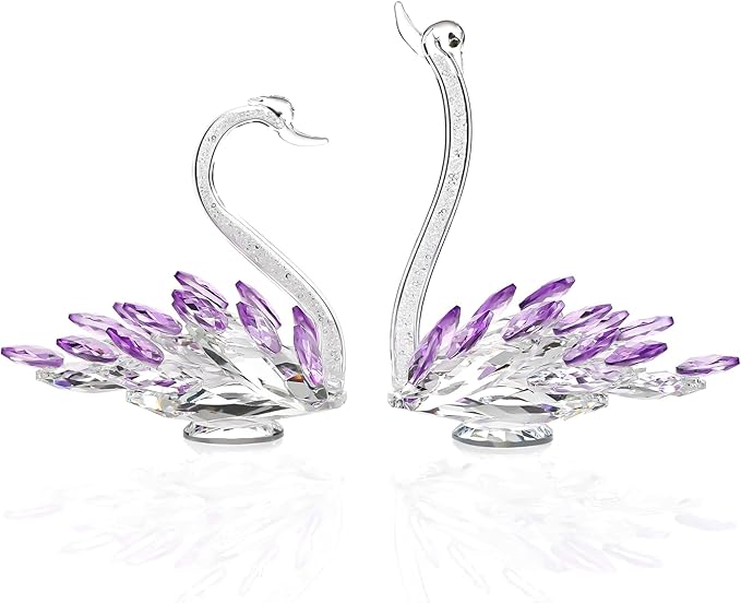 Set of 2 Crystal Purple Swans Figurines, Anniversary Wedding Gifts for Women, Mom, Couple, Glass Swan Collectibles Birthday Presents Keepsake for Parents Home Decor, 6.5in Gift Boxed