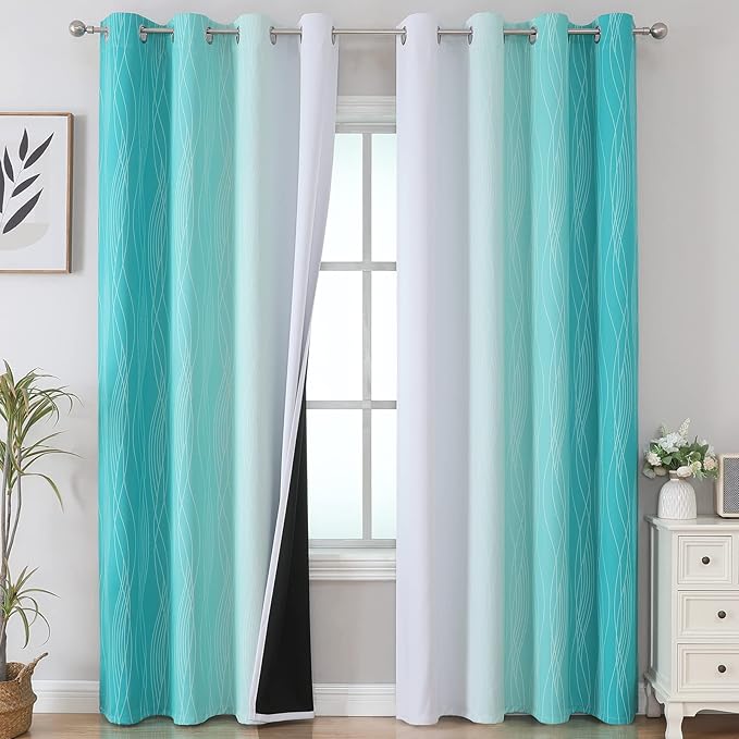 Estelar Textiler Teal and Grayish White Blackout Curtains 108 Inches Long, Thermal Insulated Drapes for Bedroom, Full Light Blocking Energy Saving Long Curtains for Living Room, 52Wx108L, 2 Panels