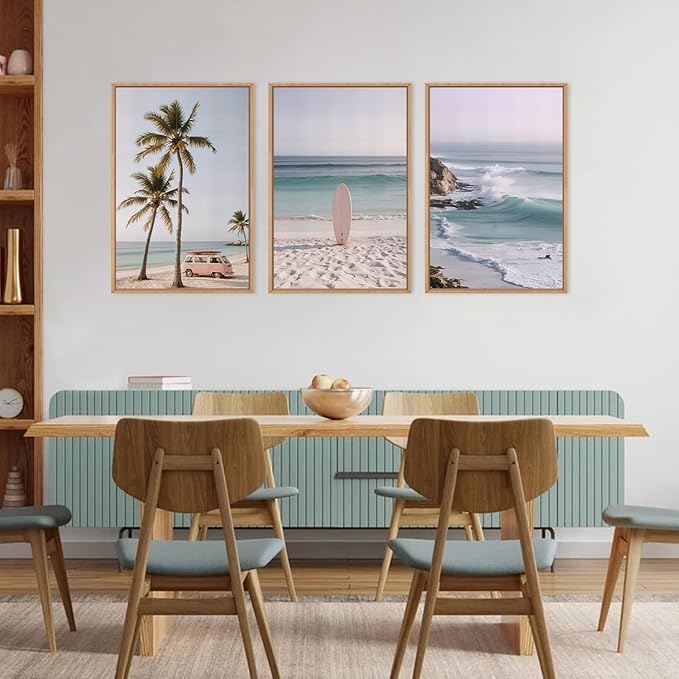 HPINUB Beach Seascape Framed Canvas Wall Art Set,Palm Tree Surfboard Nature Wall Decor,Modern Coastal Landscape Artwork Relax Summer Ocean Art Print for Living Room,Bedroom,Bathroom Decor-16 x24 x3