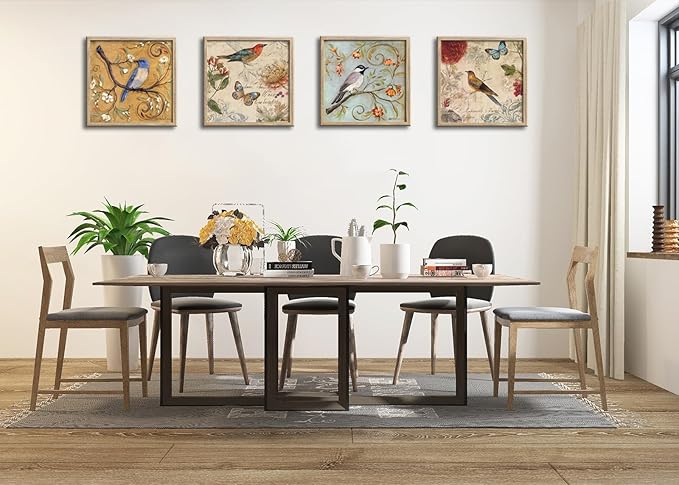 Framed Flowers Birds Canvas Wall Art for Bedroom Floral Wall Decor Butterfly Picture Artwork Vintage Prints Paintings for Bathroom Kitchen Decorations 12"x12"