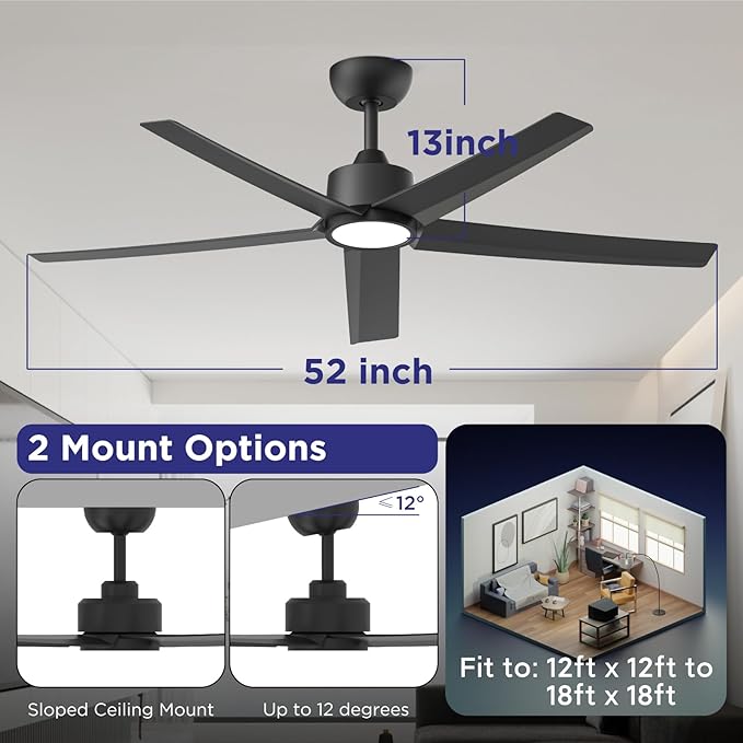 ocioc Ceiling Fans with Lights, 52 inch Black Ceiling Fan with Light and Remote Control, 3CCT, Quiet DC Motor, 5 Blades Modern Ceiling Fan for Living Room Farmhouse Bedroom