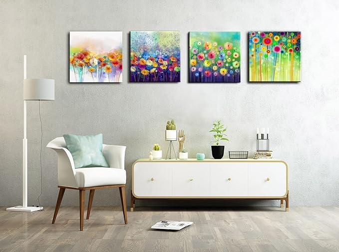 Colorful Flowers Canvas Wall Art, Floral Artwork Painting Prints ModernBathroom Pictures Framed for Living Room Bedroom Office Home Decor - 16"x16"x4 panel