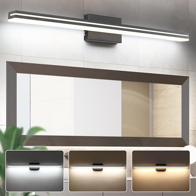 SineRise LED Modern Bathroom Vanity Light Bar (40-Inch, 3000K/4000K/6000K), Matte Black Dimmable Modern Acrylic Bathroom Wall Lighting Fixtures Over Mirror