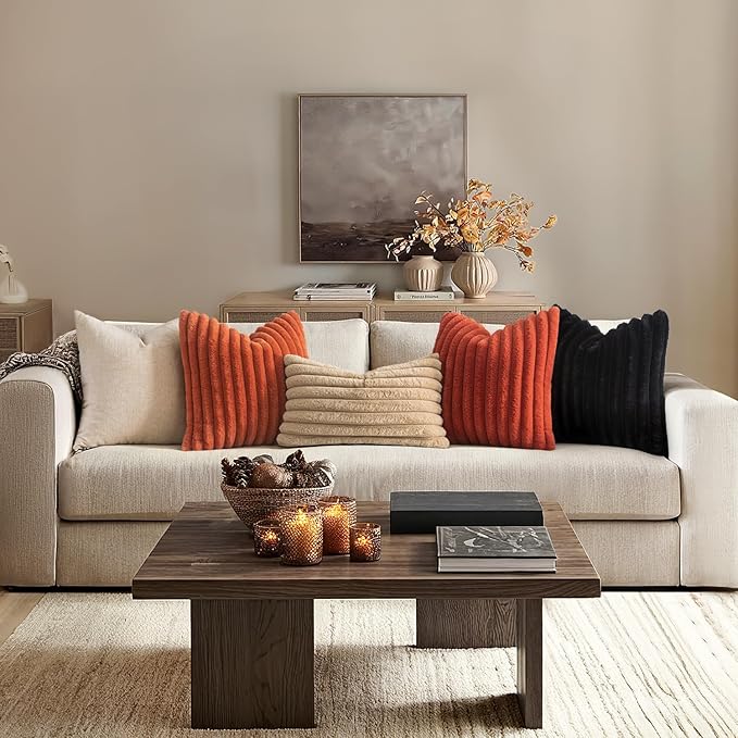 MIULEE Fall Faux Fur Decorative Throw Pillow Covers 20x20 Inch Set of 2, Retro Vintage Boho Home Decor Soft Plush Couch Pillows Cozy Fluffy Cushion Covers for Sofa Bed Burnt Orange