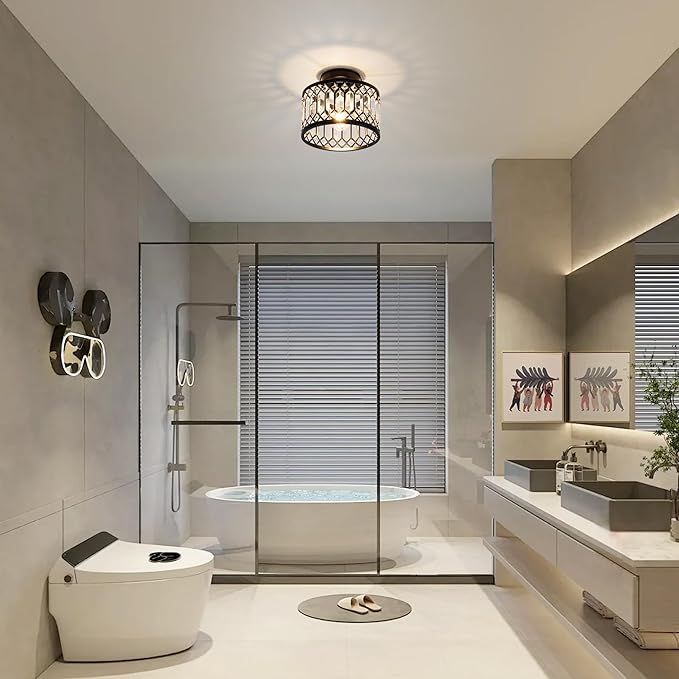 Crystal Ceiling Light Fixture, Modern Semi Flush Mount Ceiling Light,Crystal Chandelier for Kitchen Bedroom Bathroom Entryway Black (Bulb not Included)