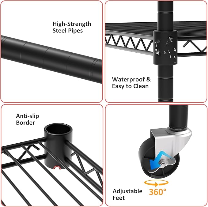 4 Tier Storage Shelves with Wheels, Heavy Duty Metal Garage Shelving Unit and Adjustable Feet, 865lb High Capacity Rolling Storage Shelf for Kitchen, Office, Dining Room (23.6"x 17.7"x 59"), Black