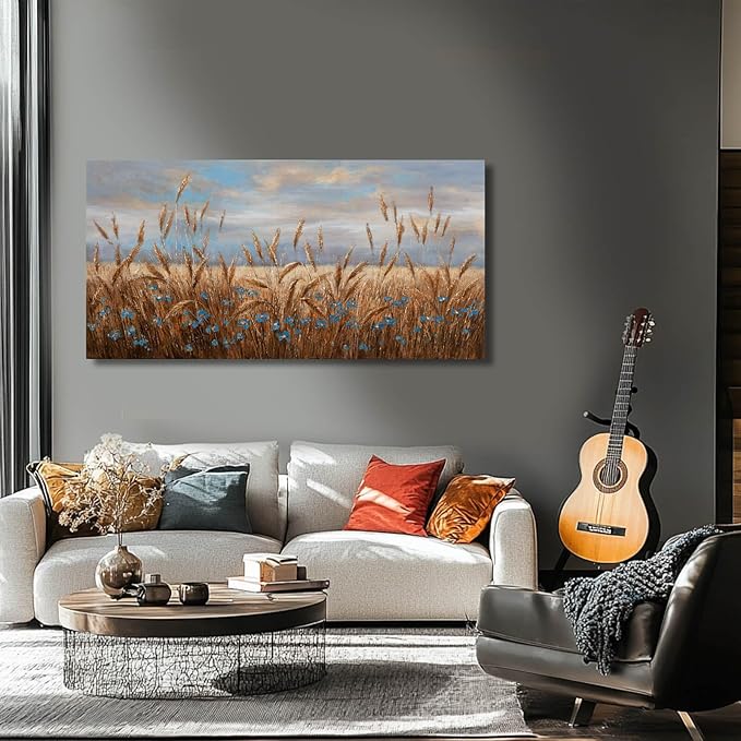 GAIDUOMAI Flowers Wall Art Gold Cornfield Artwork Blue Sky Landscape Wall Decor Vintage Posters for Room Decor 24"x48" Wall Prints for Office Home Bedroom