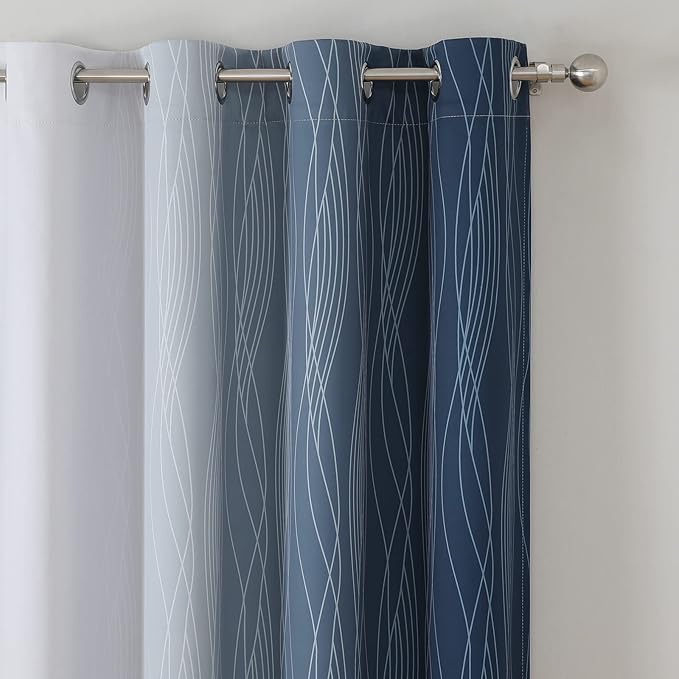Estelar Textiler Full Room Darkening Greyish White and Navy Blue Blackout Curtains 45 Inch Length 2 Panels Set,Ombre Thermal Insulated Full Light Blocking Grommet Blackout Drapes for Kitchen,52Wx45L
