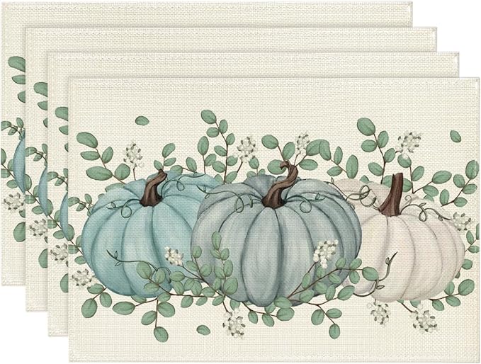 Artoid Mode Pumpkins Eucalyptus Leaves Fall Placemats Set of 4, 12x18 Inch Autumn Thanksgiving Holiday Table Mats for Party Kitchen Dining Decoration