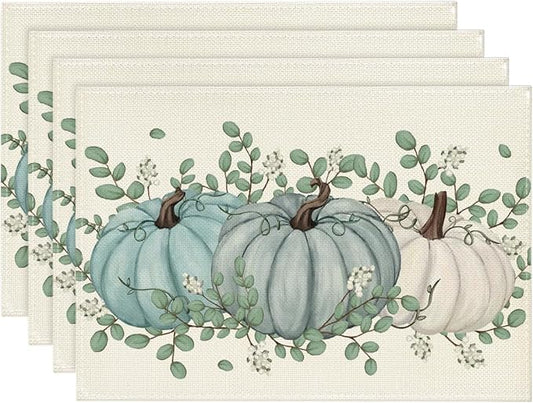 Artoid Mode Pumpkins Eucalyptus Leaves Fall Placemats Set of 4, 12x18 Inch Autumn Thanksgiving Holiday Table Mats for Party Kitchen Dining Decoration