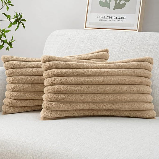 MIULEE Faux Fur Lumbar Decorative Throw Pillow Covers 12x20 Inch Set of 2, Modern Spring Home Decor Soft Plush Couch Pillows Cozy Fluffy Cushion Covers for Sofa Khaki