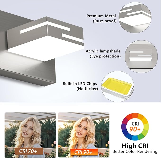 LED Modern Bathroom Vanity Light Fixtures,4-Light 28-inch Dimmable Brushed Nickel Vanity Lights for Bathroom Lighting Fixtures Over Mirror, with 350° Rotatable Acrylic Heads (Cool White 6000K)