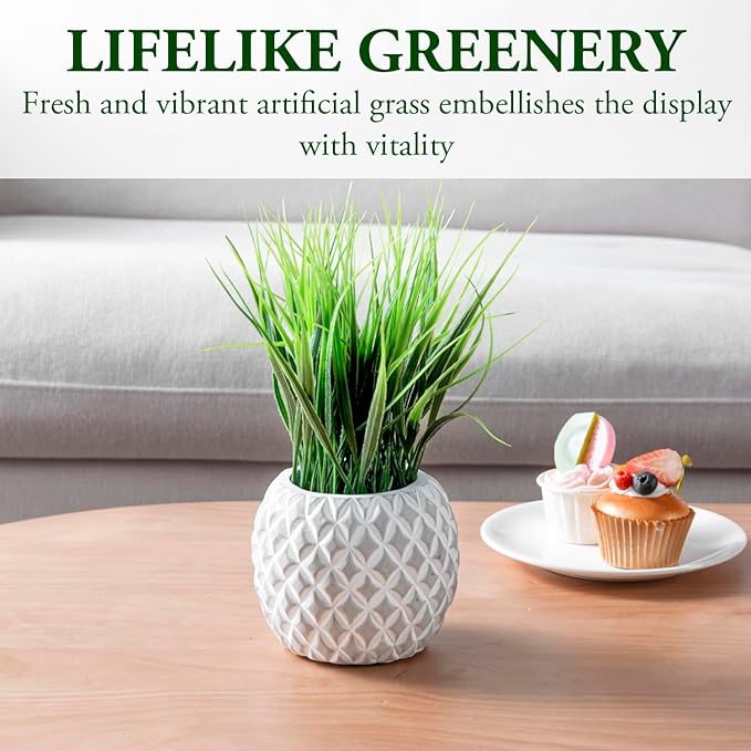 MyGift Artificial Green Grass Plant in Modern Round Gray Concrete Pot with Embossed Diamond Pattern, Tabletop Faux Greenery Decor Potted in Decorative Planter