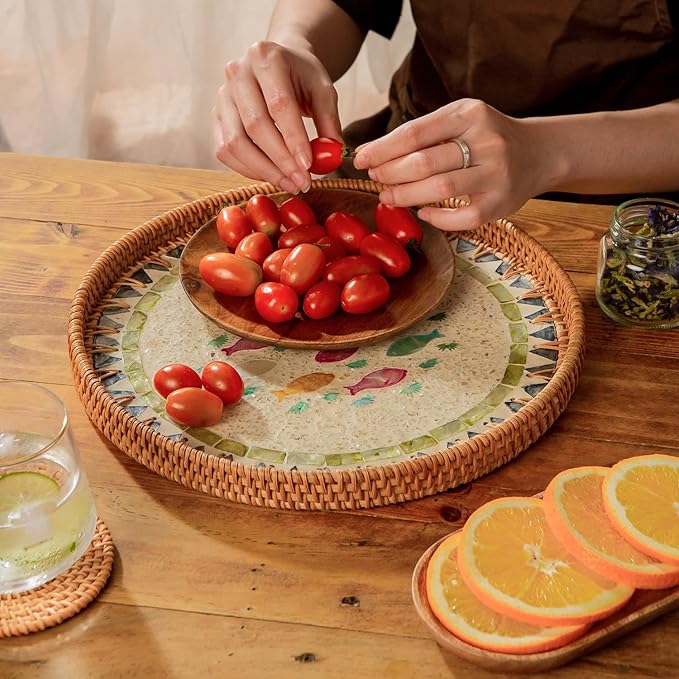 11.81" Decorative Round Mother Pearl Inlay Tray Rattan Wooden Base for Fruit Serving, Coffee Table Tray, Storage and Display Organizer (Fish 13.8)