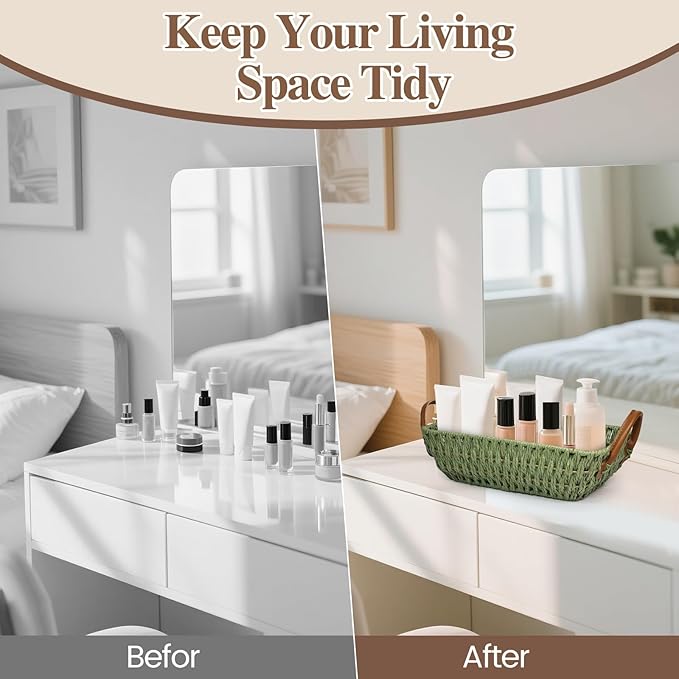 Paper Rope Woven Toilet Paper Basket, Small Wicker Storage Baskets for Organizing with Handles, Bedroom Decor Baskets Toilet Tank Shelf Storage Bins (Set of 2, Green)