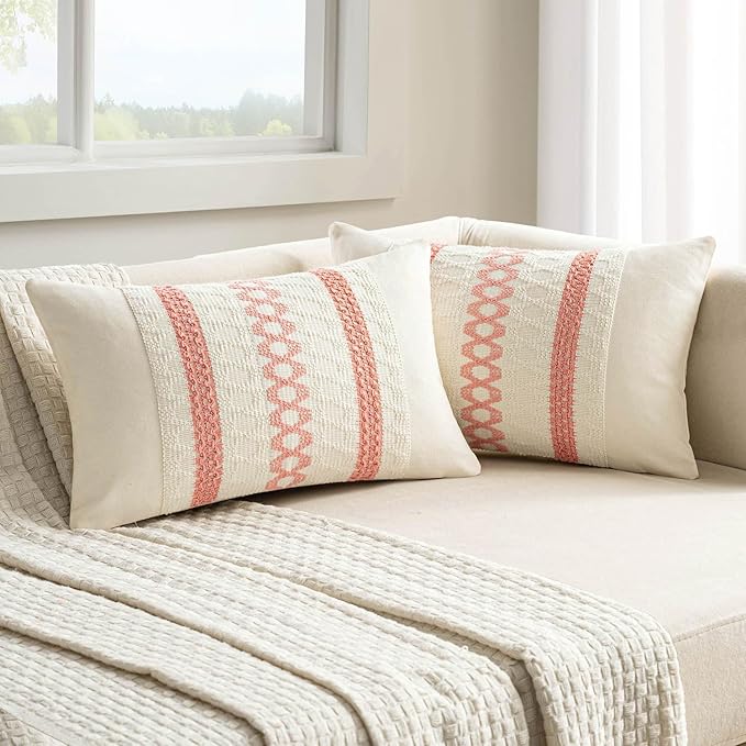 MIULEE Set of 2 Coral Red Boho Decorative Lumbar Pillow Covers 12x20 Inch Farmhouse Rustic Couch Throw Pillows Modern Summer Cushion Covers Retro Cute Macrame Woven Home Decor for Bed Sofa Chair