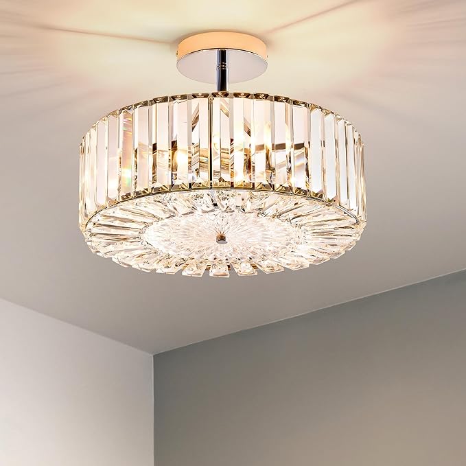 VONLUCE Crystal Light Fixture, Modern Semi Flush Mount Ceiling Light, 15" Round 4-Light Crystal Chandelier Hallway Lighting for Kitchen Bedroom Living Room Dining Room Entryway Closet, Nickel