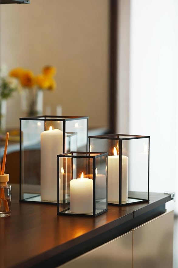 yshengood Hurricane Candle Holder 6 PCS, Black Glass Candle Holder Square Hurricane Candle Centerpieces for Tables Decorativ, Wedding, Thankgiving