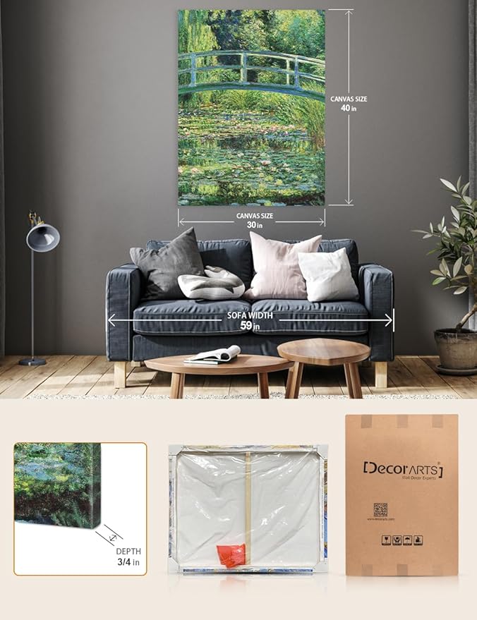 DECORARTS - The Japanese Bridge (Water-Lily Pond) by Claude Monet, Museum-Quality Giclee Canvas Print, Wall Art Reproduction, 30" W x 40" H, Made in USA