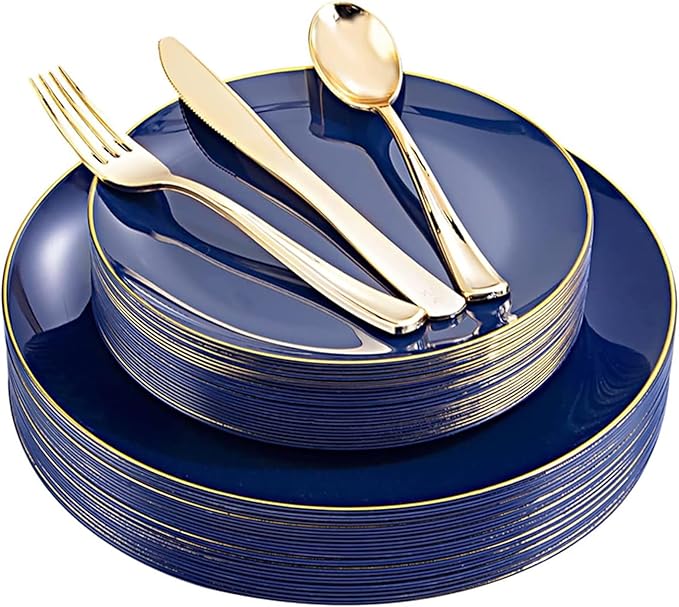 YOUBET 125PCS Blue Plastic Plates - Blue and Gold Plates - Navy Blue Disposable Plates With Gold Rim Include 25 Dinner Plate, 25 Dessert Plate, 75 Golden Silverware Cutlery for Party & Wedding