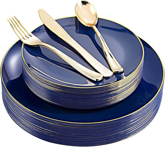 YOUBET 125PCS Blue Plastic Plates - Blue and Gold Plates - Navy Blue Disposable Plates With Gold Rim Include 25 Dinner Plate, 25 Dessert Plate, 75 Golden Silverware Cutlery for Party & Wedding