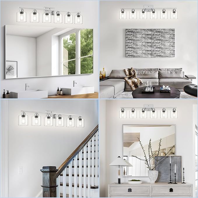 Brushed Nickel Vanity Light, 6 Light Bathroom Lighting Fixtures Over Mirror with Clear Glass, 38 inch Bathroom Light for Oversized Mirrors, E26 Socket