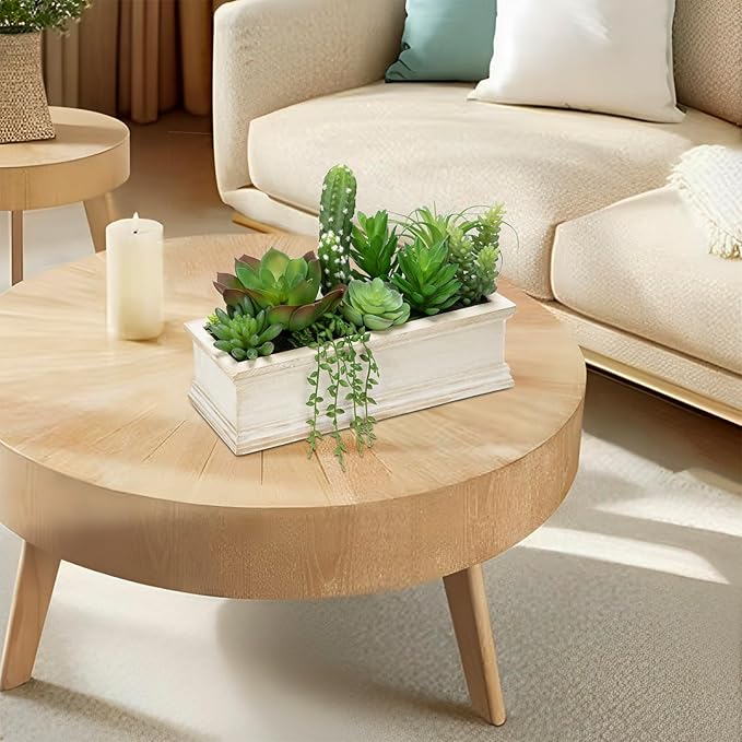 Artificial Succulents Fake Plants in White Rectangular Wooden Pots 12.9"W Artificial Potted Succulents Faux Plants Arrangement for Table Centerpiece Farmhouse Shelf Mantel Tropical Greenery Decor