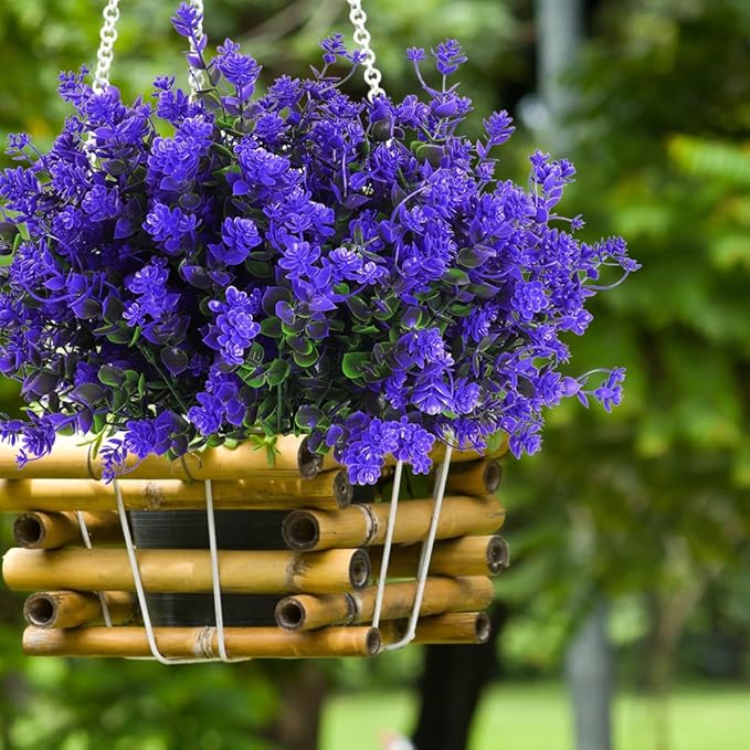 RECUTMS Fake Outdoor Flowers Artificial Flowers Plants for Window Boxes Spring Outdoor Home Decoration, 10 Bundles Fake Faux Eucalyptus for Outside Home Planter Porch Patio Window Yard Decor(Purple)