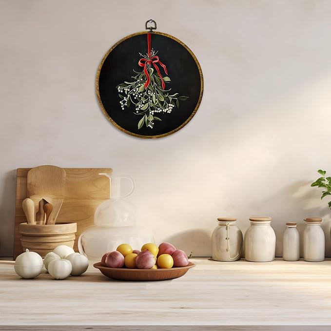 CUANFDDSF Vintage Christmas Mistletoe Round Wall Art Decor, Xmas Holiday Red Bow Mistletoe Botanical Wall Hanging Frame Decor, Elegant Christmas Canvas Prints Decorations for Home Bedroom, 10x10 Inch