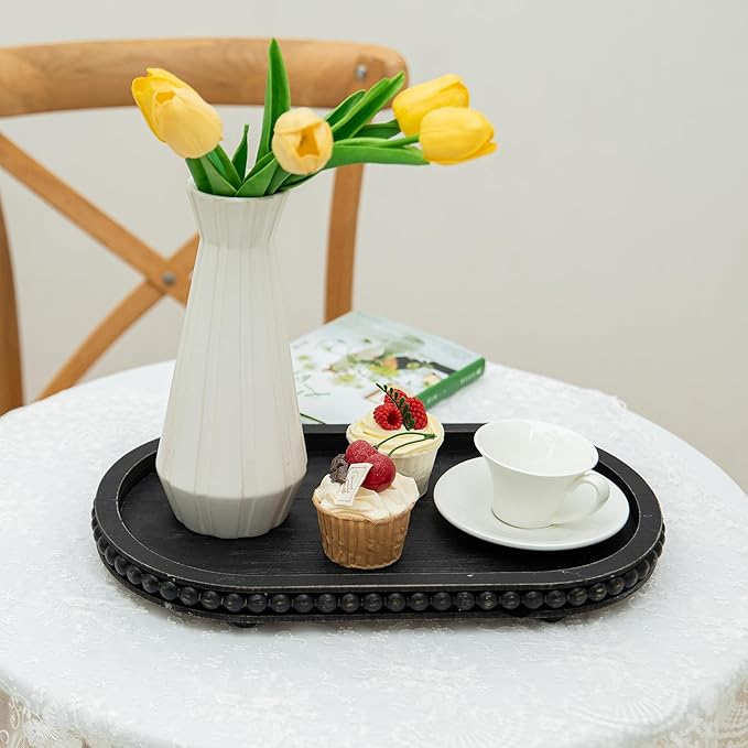 HPC Decor 15in Oval Tray for Home Decor - Black Wood Beaded Tray - Decorative Serving Tray,Rustic Farmhouse Wooden Trays for Vintage Centerpiece,Kitchen Counter,Living Room Decor,Coffee Table Decor.