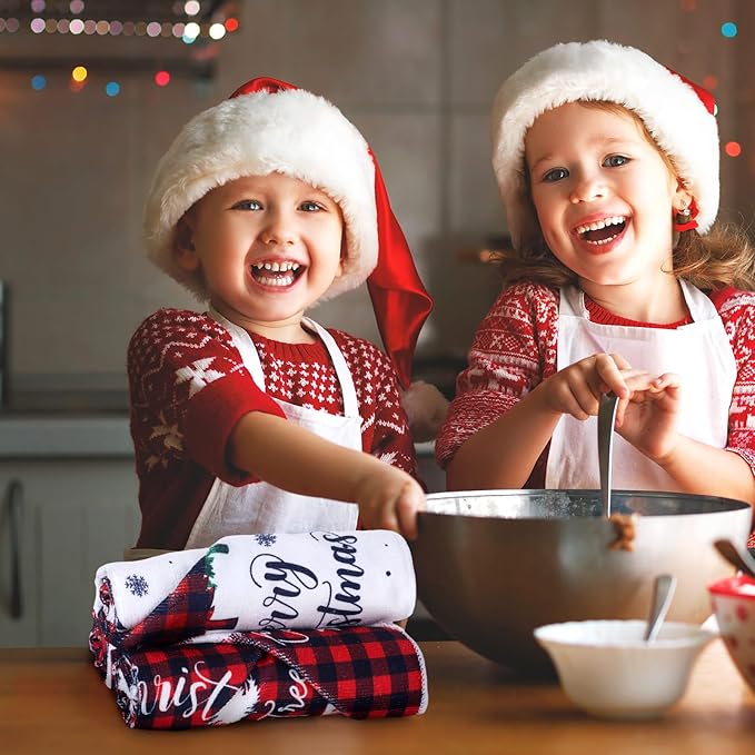 12 Pcs Christmas Kitchen Towels and Dishcloths Absorbent Christmas Tree Reindeer Truck Hand Dish Towels Decoration for Xmas Home Gift Supplies, 14.2 x 21.3 Inch(Buffalo Plaid)