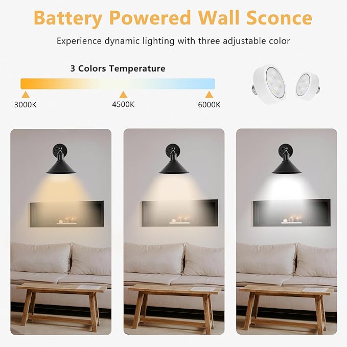 Vintage Black Wireless Battery Operated Wall Sconces, Cordless LED Wall Lights Set of 2 with Remote Control, for Bedroom, Farmhouse, Gallery - Easy Setup, Adjustable Brightness, Long-Lasting Battery