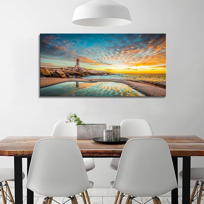 YYYYHPP YP1862 Canvas Prints Wall Art Peggy's Cove Lighthouse Sunset Ocean View Landscape Nature Pictures Stretched Canvas Wooden Framed for Living Room Bedroom and Office Wall Decor