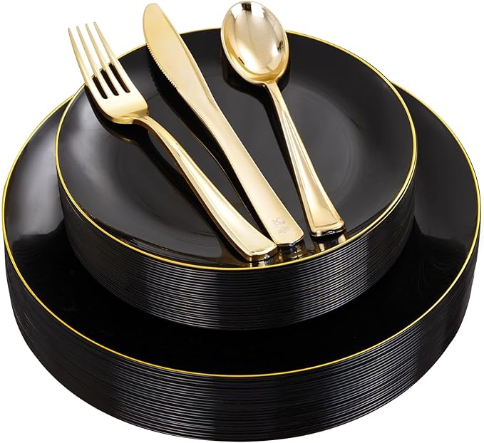 YOUBET 125PCS Black and Gold Plastic Plates - Black Disposable Plates With Gold Rim - Includes 25 Dinner Plates, 25 Dessert Plates, 75 Gold Cutlery for Wedding & Birthday Party Halloween