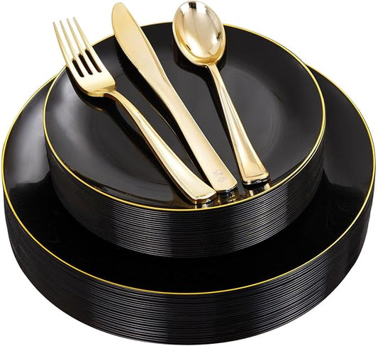 YOUBET 125PCS Black and Gold Plastic Plates - Black Disposable Plates With Gold Rim - Includes 25 Dinner Plates, 25 Dessert Plates, 75 Gold Cutlery for Wedding & Birthday Party Halloween
