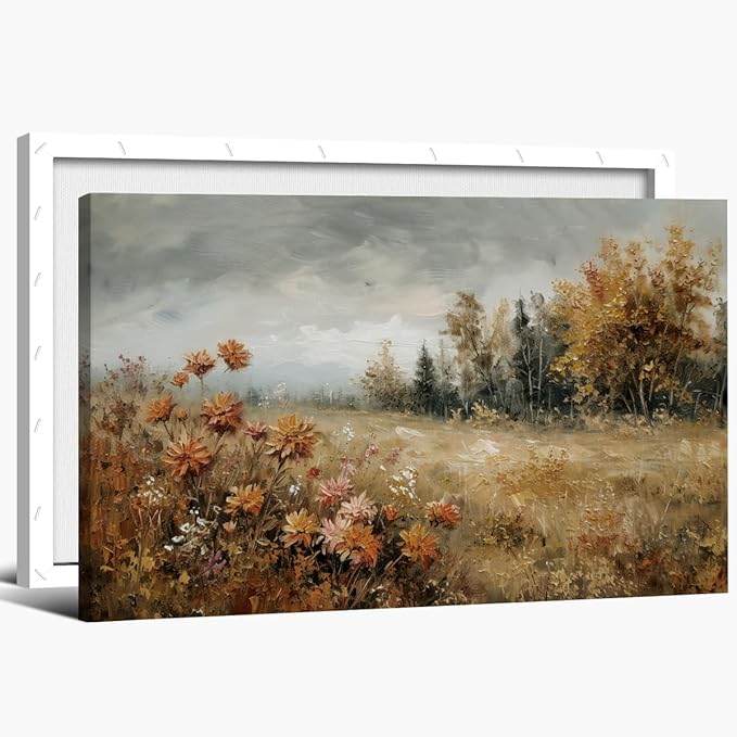 Fall Canvas Wall Art Wildflower Posters Autumn Landscape Pictures Print Art Vintage Rustic Farmhouse Wall Decor 8x12inch Framed