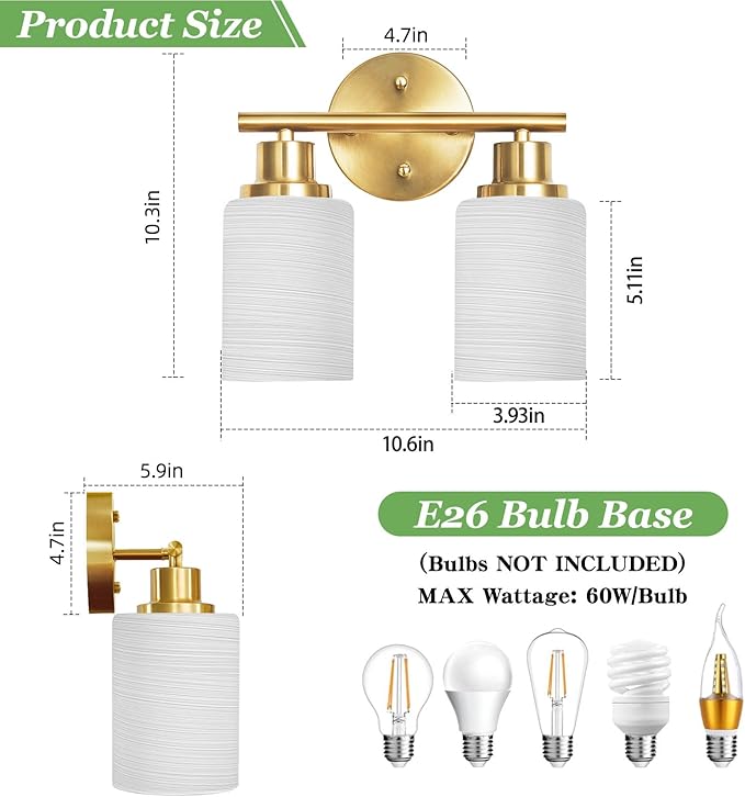 2-Light Vanity Lights, Brushed Gold Bathroom Light Fixture with Striped Textured Milky White Glass Shade, Modern Vanity Lighting Fixture for Bathroom Wall Light Over Mirror, E26 Wall Sconce