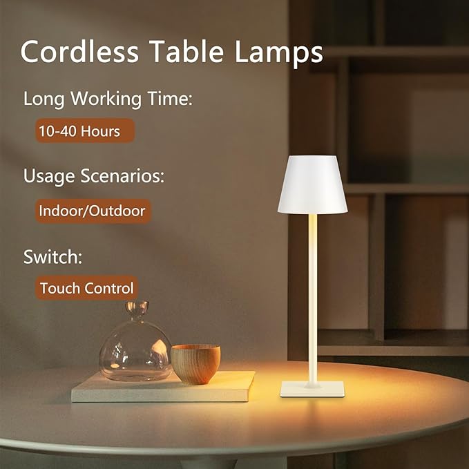 Cordless Table Lamp Rechargeable Lamps: 6000mAh Battery Operated Table Lamp Outdoor Waterproof, Touch Control, Portable Wireless Desk Lamp for Dinner/Bedroom/Restaurant ๏ผWhite2 Pack