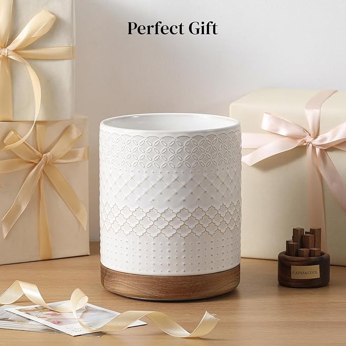 DOWAN 360° Rotating Extra Large Cooking Utensil Holder, 7.6" Kitchen Utensil Holder for Countertop, Utensil Crock for Farmhouse Kitchen Decor, Ceramic Stable Utensil Caddy, White Embossed